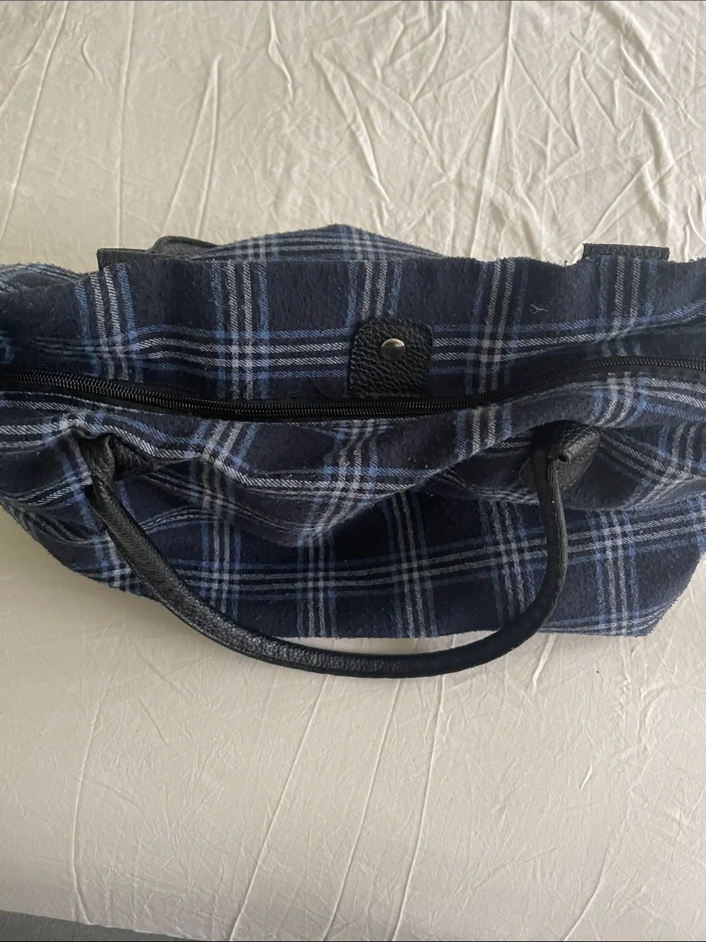 Plaid Navy Blue Tote Bag with Black Handles